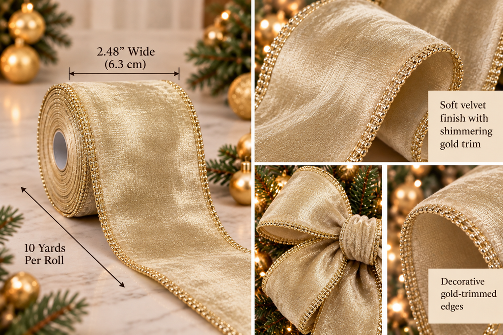 Champagne gold ribbon details: 2.48 inches wide, 10 yards per roll