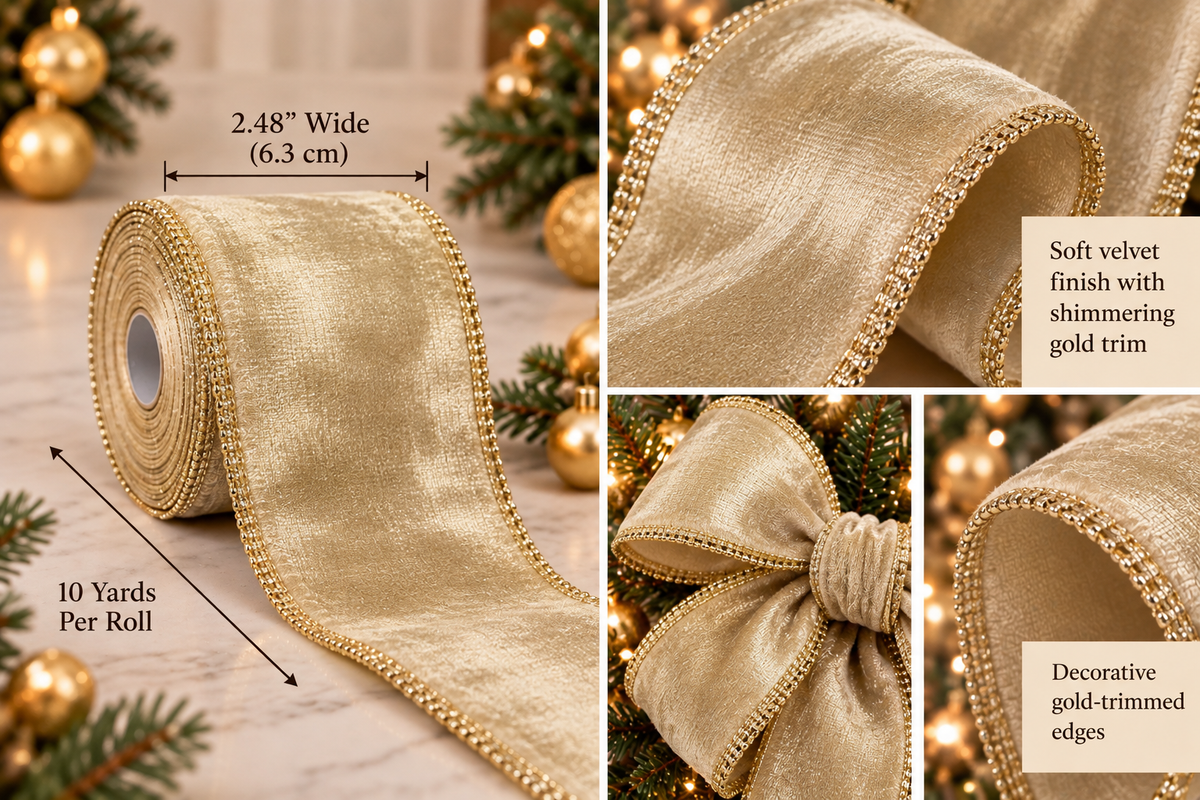 Champagne gold ribbon details: 2.48 inches wide, 10 yards per roll
