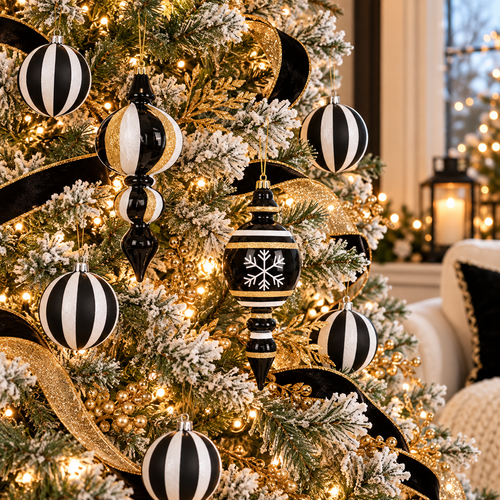 Flocked Christmas tree decorated with black and white striped ball ornaments and 9.5 inch black, white and gold finial ornaments with gold ribbon