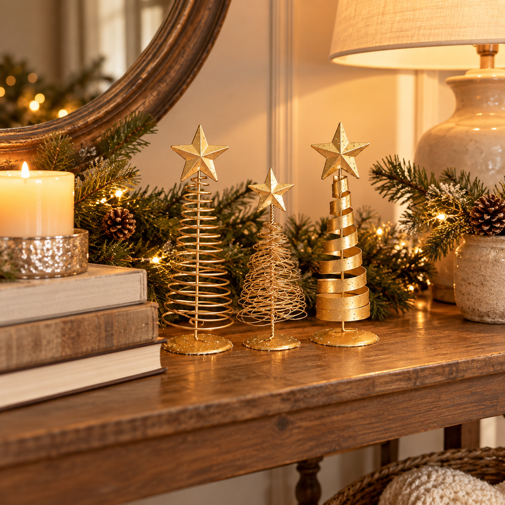 Gold tabletop Christmas trees on a wooden entry table with books and a candle