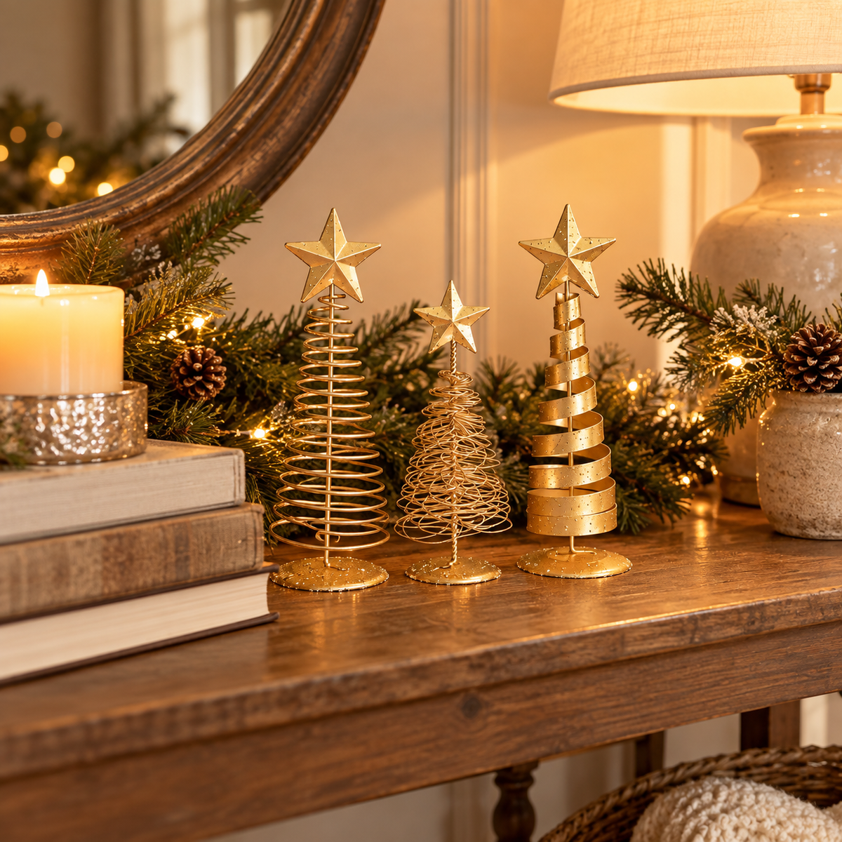 Gold tabletop Christmas trees on a wooden entry table with books and a candle