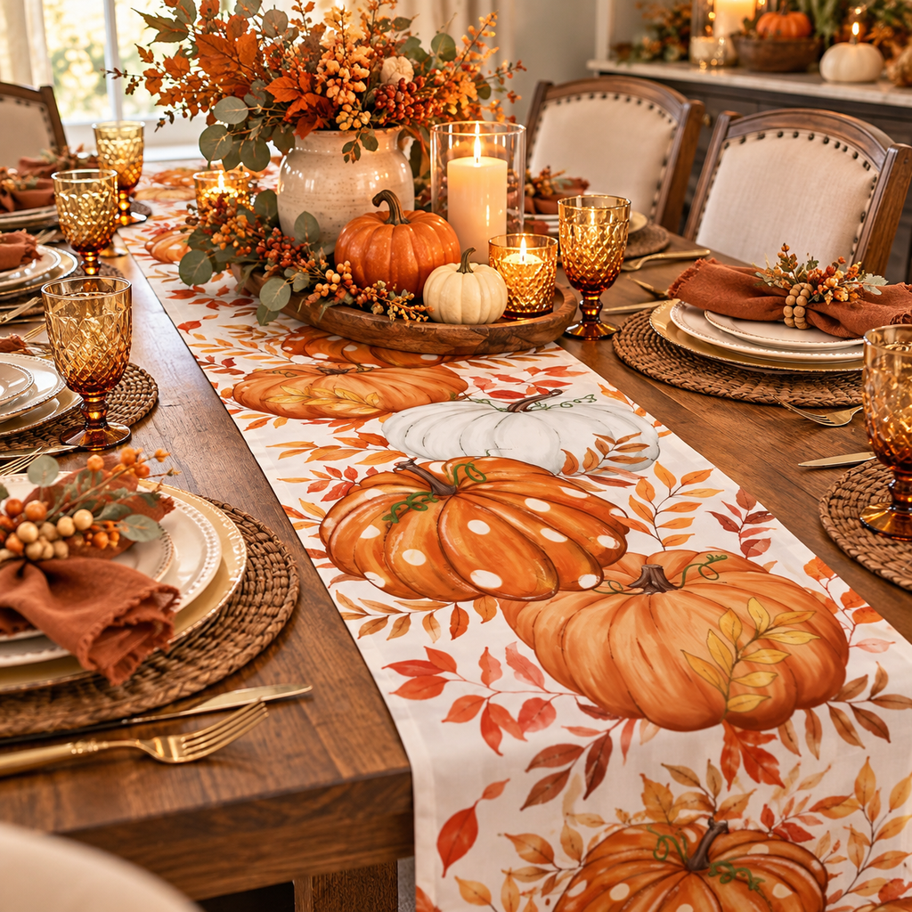 Close-up of polka dot pumpkin table runner print