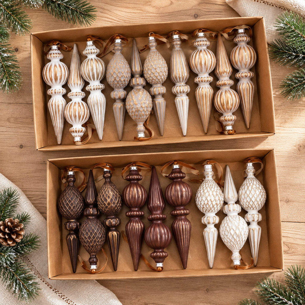 Two 9-piece vintage finial ornament sets in gift boxes, Cream and Gold and Brown and Cream
