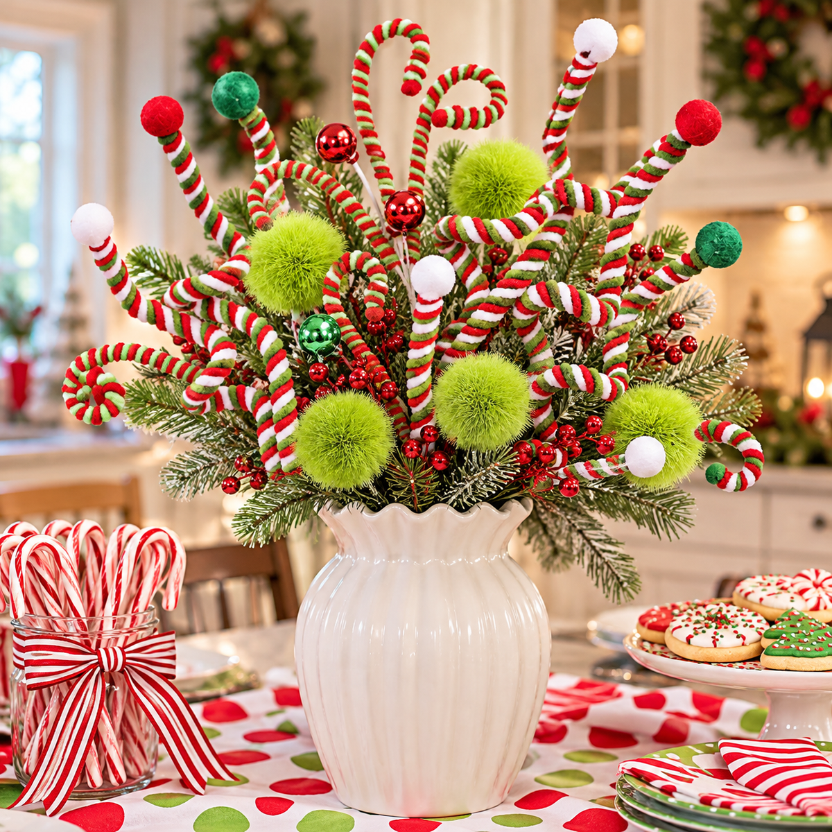 Christmas centerpiece of candy cane picks and lime green pom-poms in a white vase on a festive table