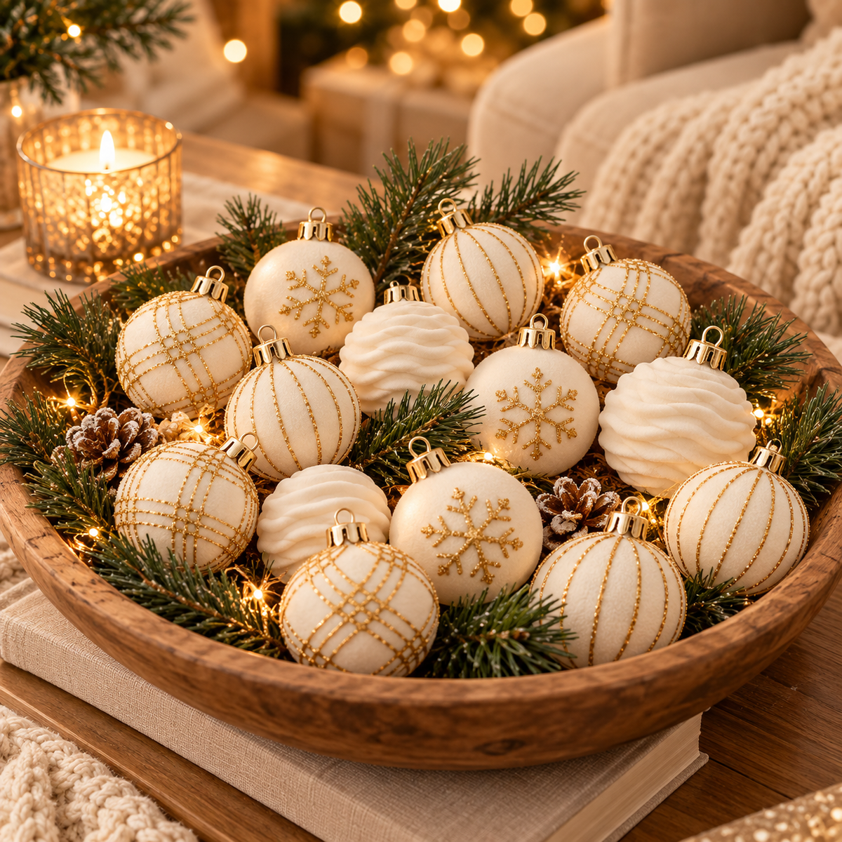 White and gold velvet ornaments in a wooden bowl centerpiece with pine sprigs