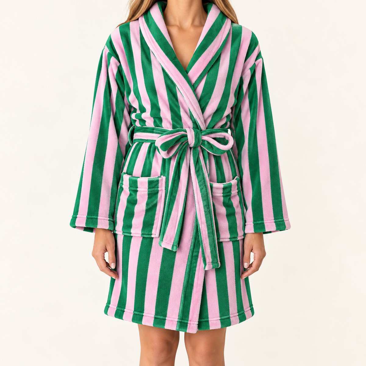 Green and pink stripe plush Christmas robe for women, front view