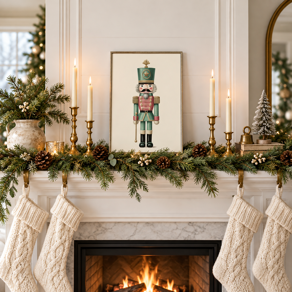 Evergreen nutcracker framed print on a Christmas mantel with stockings