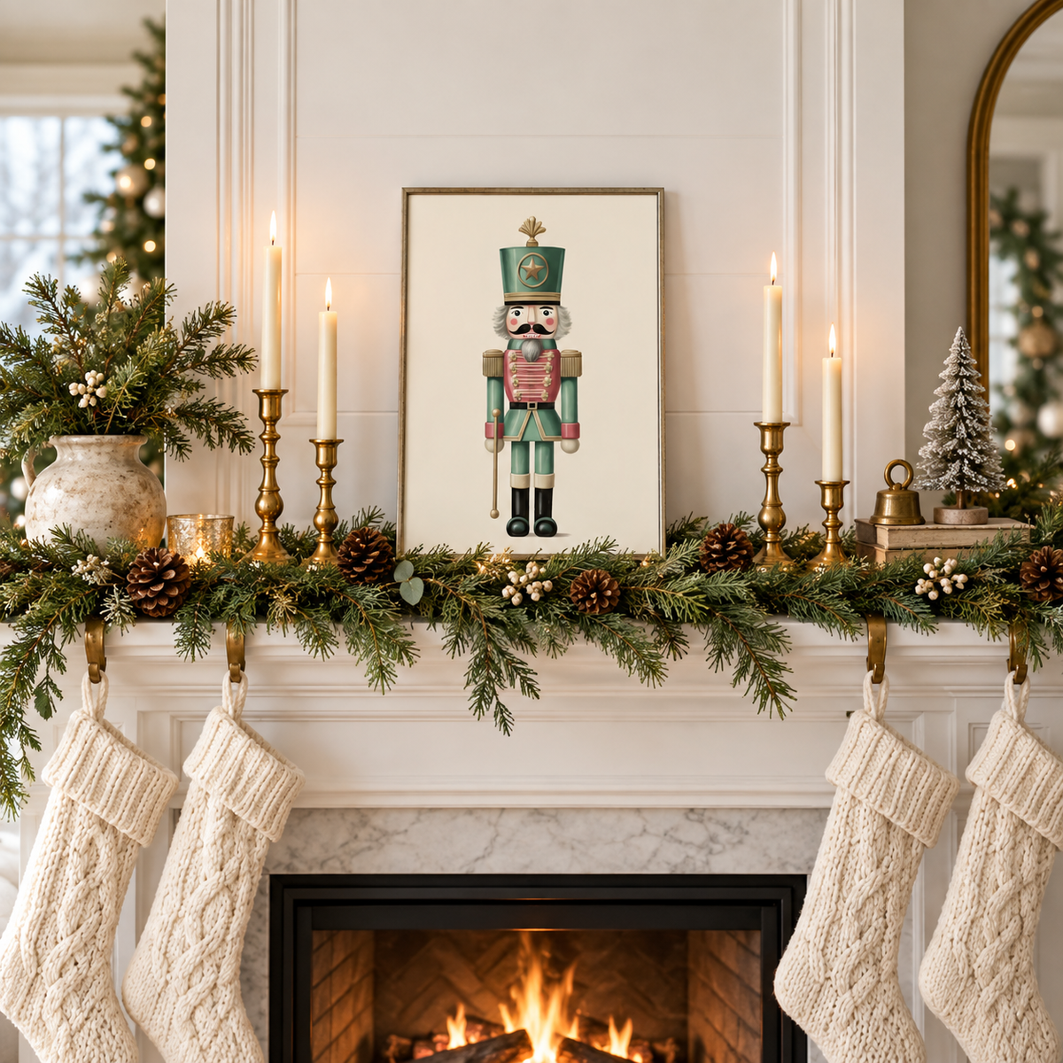 Evergreen nutcracker framed print on a Christmas mantel with stockings