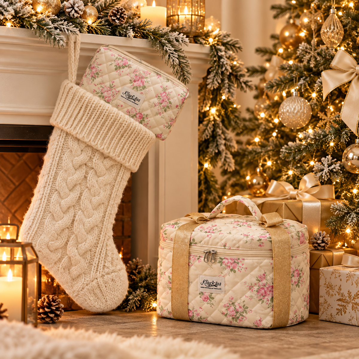 Quilted floral makeup bag gift beside a cream knit Christmas stocking, fireplace and lit Christmas tree