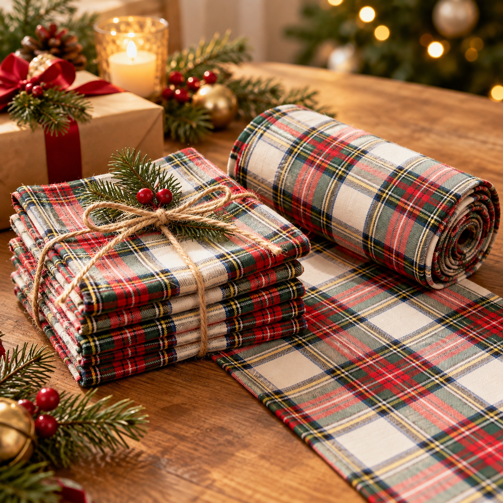 Stack of tartan plaid napkins tied with twine next to the rolled plaid runner as a hostess gift