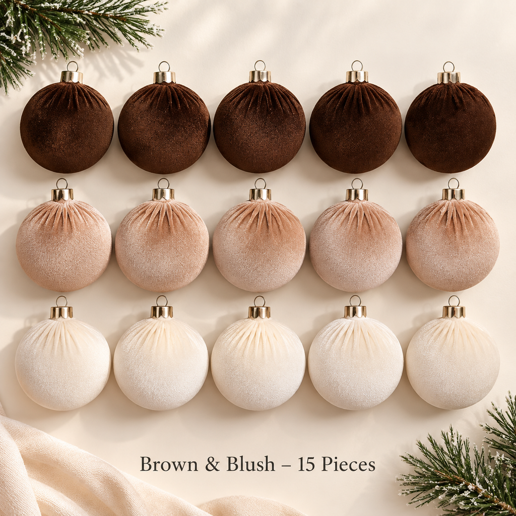 Brown and Blush velvet Christmas ornament set, 15 pieces