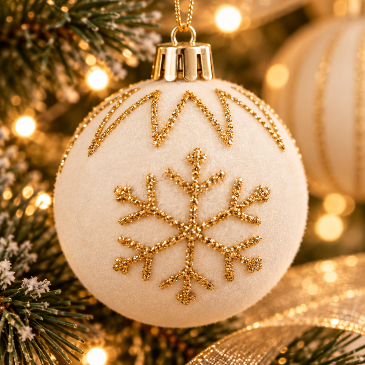 Close-up of ivory velvet Christmas ornament with gold glitter snowflake