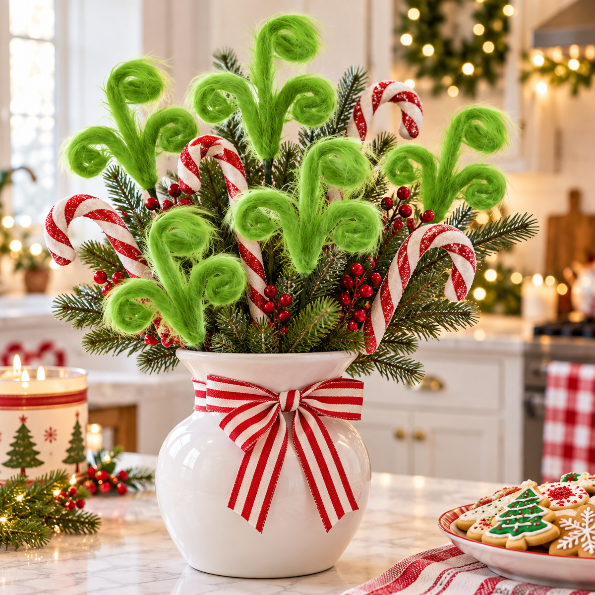 Christmas centerpiece of fuzzy lime green curly picks and candy canes in a white vase with striped ribbon