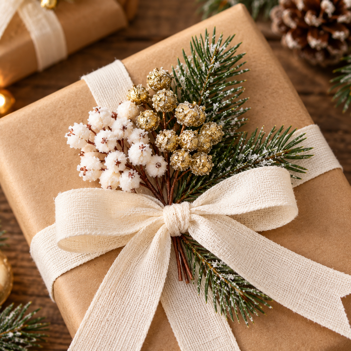 Kraft-wrapped Christmas gift with cream ribbon and frosted white and gold berry picks as a topper
