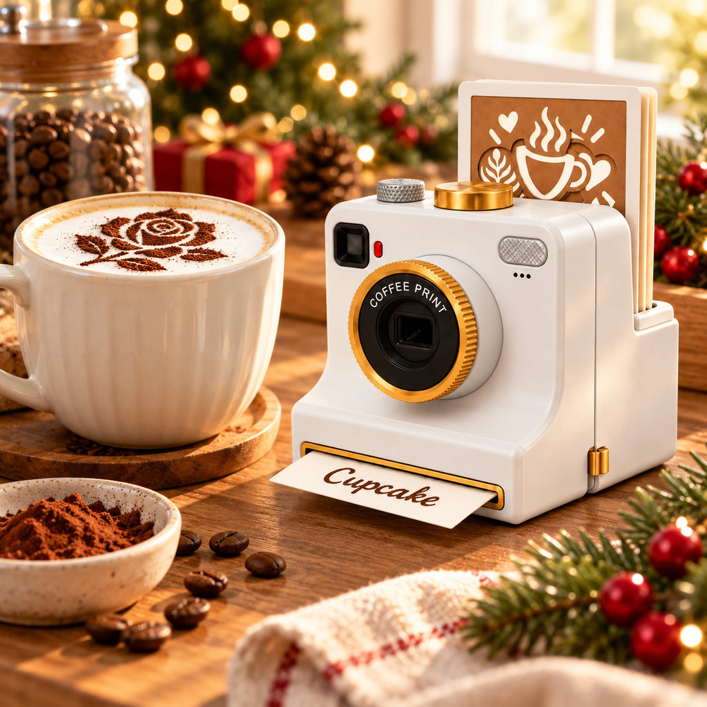 White latte art stencil camera on a Christmas coffee bar next to a latte with a cocoa rose design