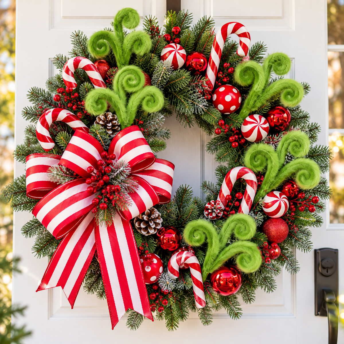 Christmas wreath with fuzzy lime green curly picks, candy canes and a red and white striped bow