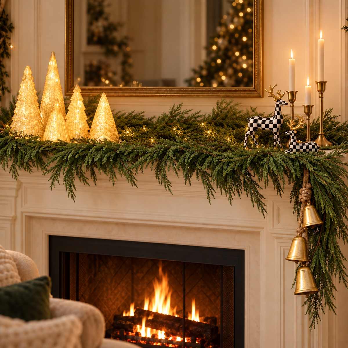 Gold lighted tabletop Christmas trees grouped on a fireplace mantel with Norfolk pine garland, checkered deer, brass candlesticks and gold bells