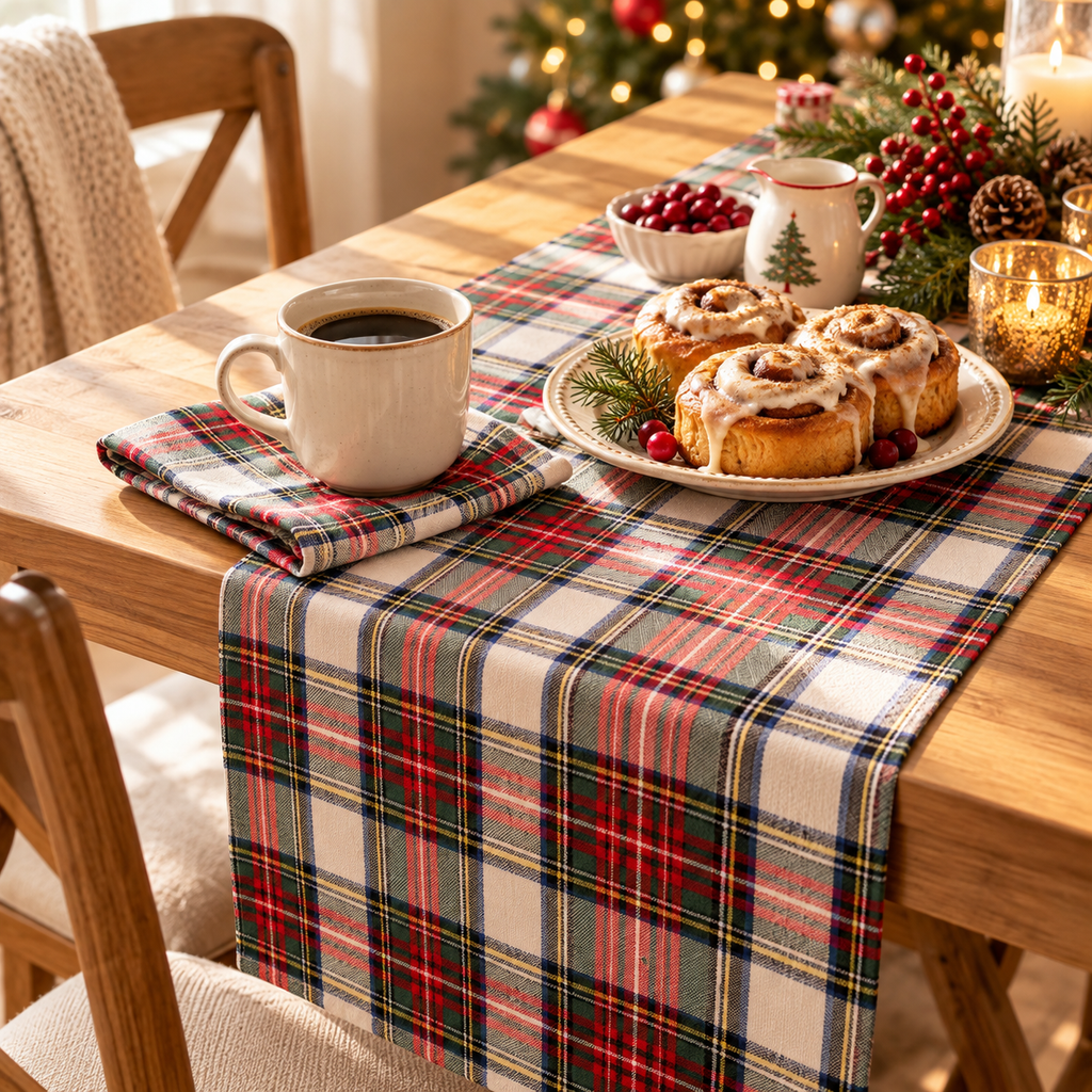 Christmas morning breakfast table with tartan plaid runner, napkin, coffee and cinnamon rolls