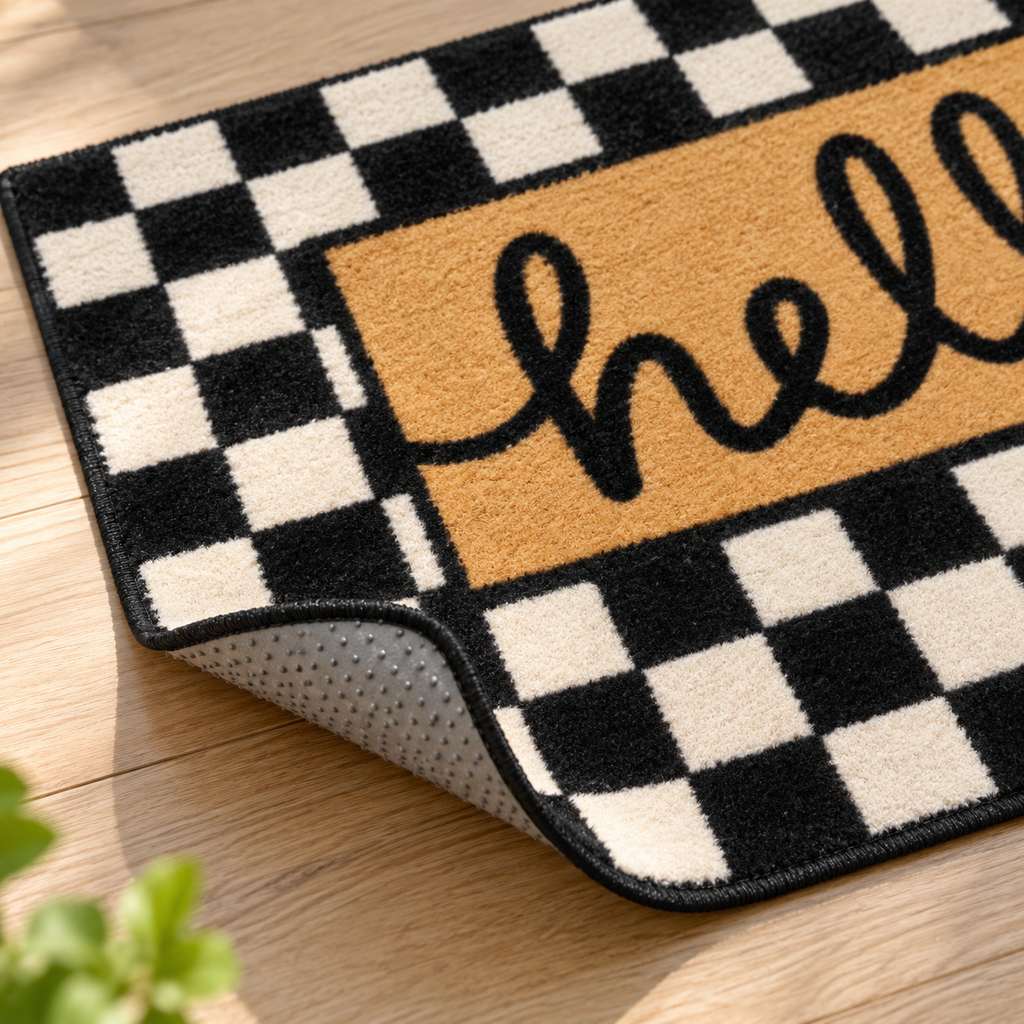 Close-up of the checkered hello doormat corner lifted to show the non-slip backing