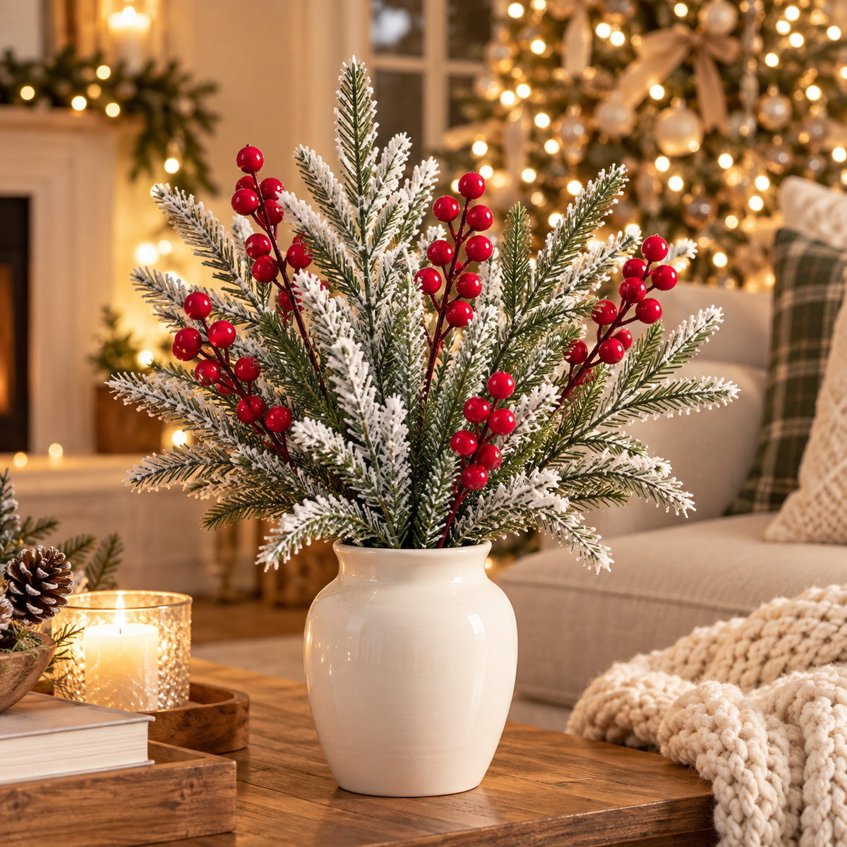 Frosted pine and red berry stem centerpiece on a coffee table in a cozy Christmas living room