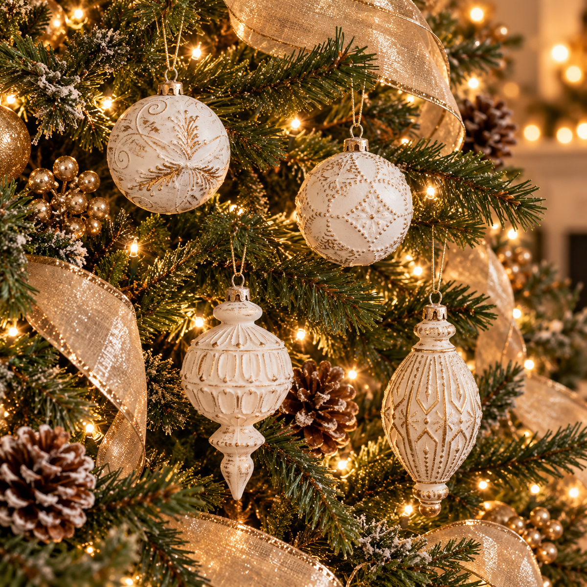 Vintage white and gold ball and finial ornaments hanging on a lit Christmas tree with gold ribbon
