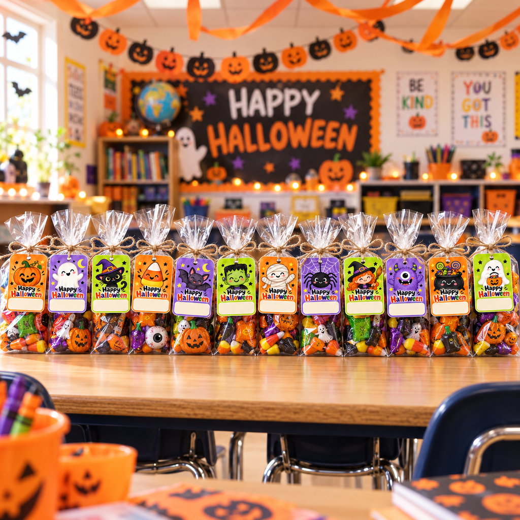 Row of Halloween treat bags with printable name tags lined up on a classroom table at a school Halloween party
