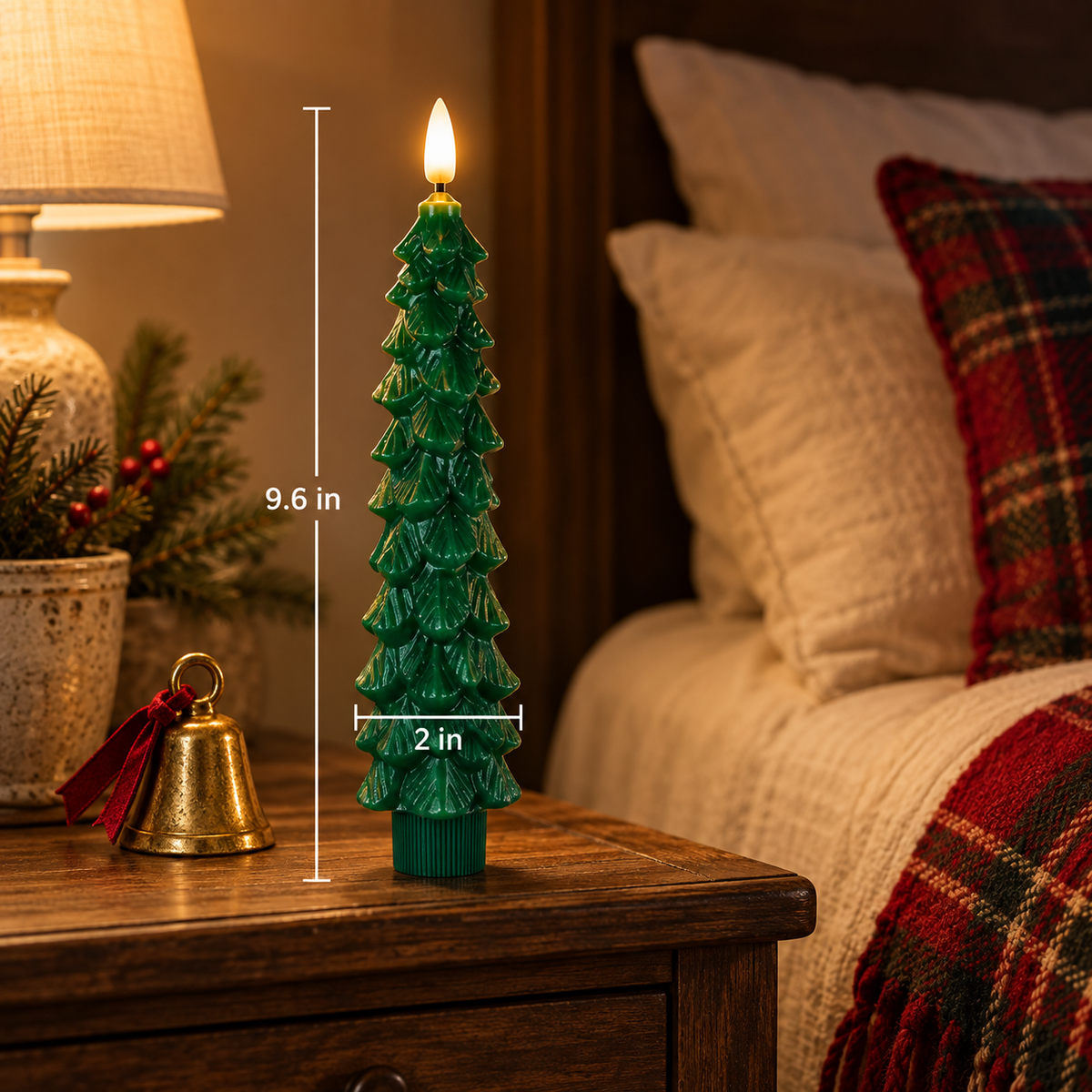Large 9.6 inch green Christmas tree LED candle on a bedside nightstand with size measurements