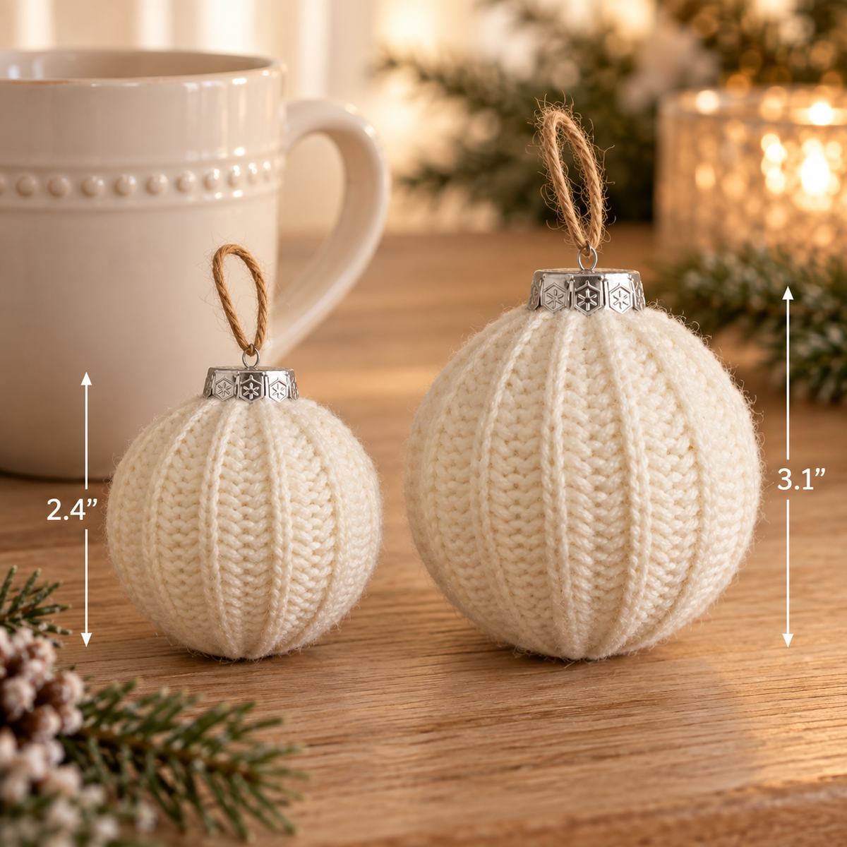Small and large cream knit Christmas ornaments side by side next to a coffee mug for size