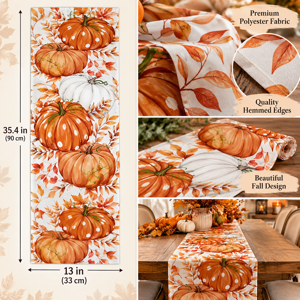 Polka dot pumpkin table runner 13 x 35 inch size for coffee table