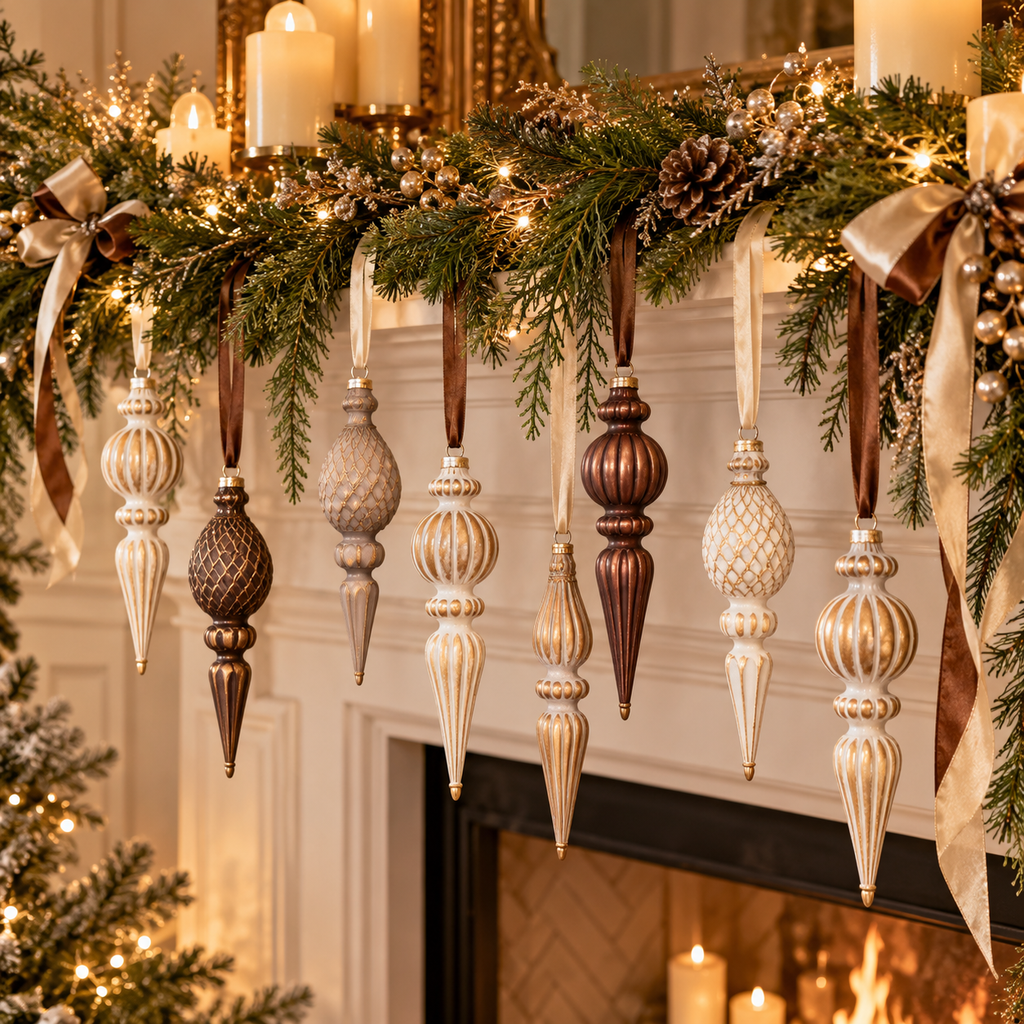 Vintage finial ornaments hanging from a Christmas mantel garland with candles