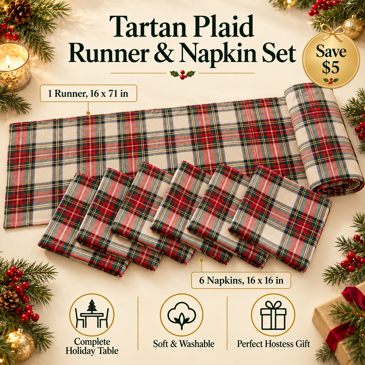 Tartan plaid runner and 6 napkin set with size details