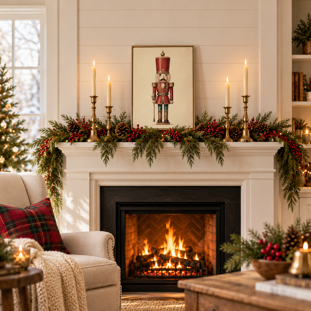 Classic Red vintage nutcracker framed print above a Christmas mantel with candles and greenery