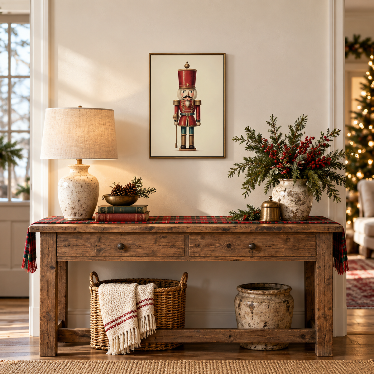 Classic Red nutcracker framed print above a rustic wood console table