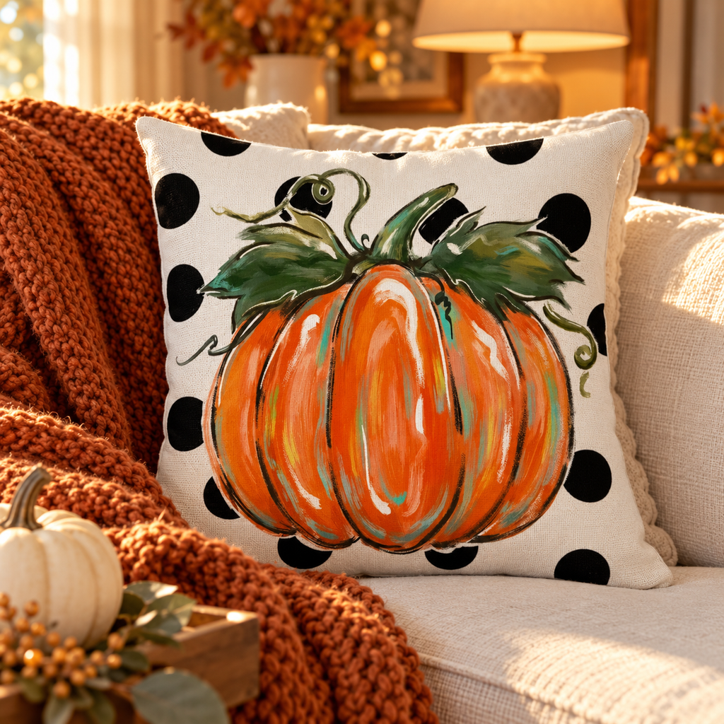 Polka dot pumpkin throw pillow cover on a cream sofa with a rust chunky knit throw and warm lamp light