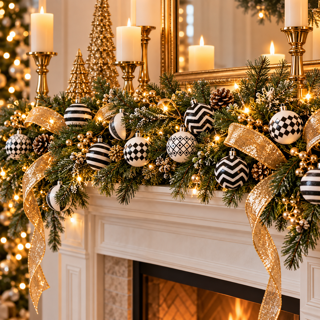 Fireplace mantel with pine garland, gold ribbon and candlesticks decorated with black and white glitter Christmas ornaments