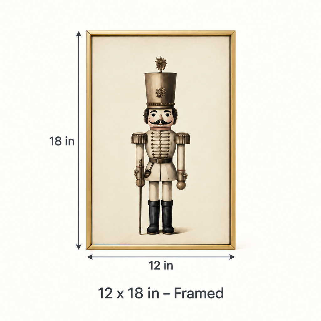 Vintage Neutral nutcracker print, 12 x 18 in framed size guide