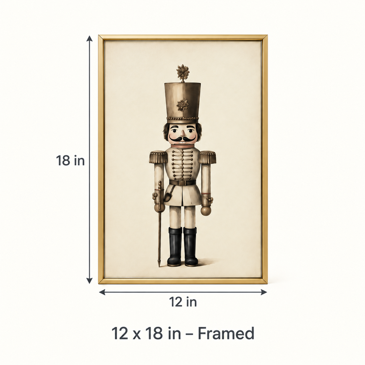 Vintage Neutral nutcracker print, 12 x 18 in framed size guide