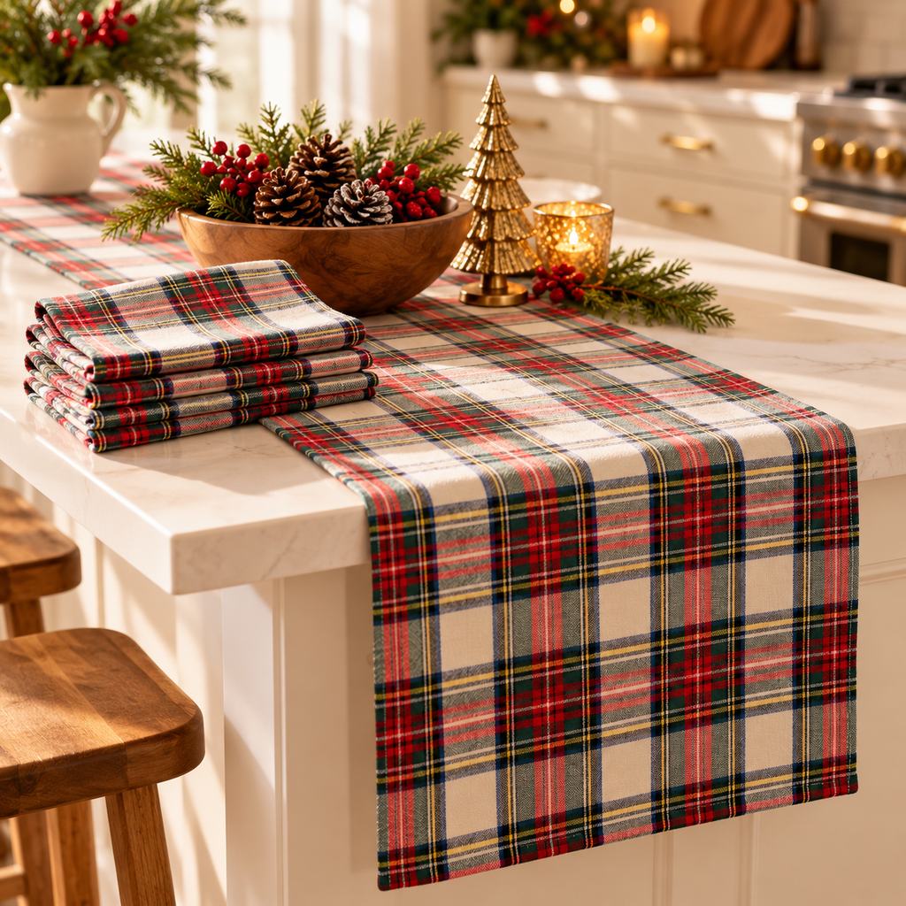 Tartan plaid table runner and stack of folded plaid napkins on a white kitchen island