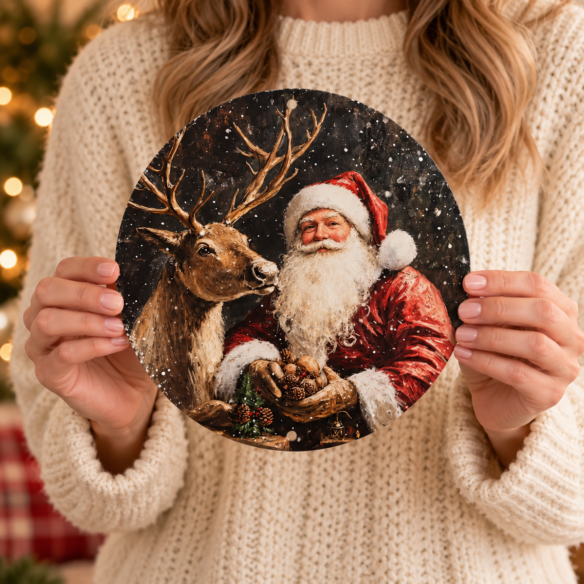 8 inch Santa and reindeer metal sign held in two hands to show size