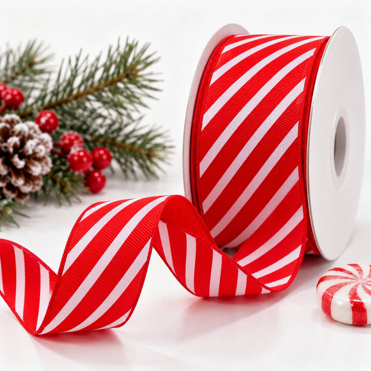 Roll of 1 inch (25mm) red and white pinstripe Christmas ribbon, 10 yards