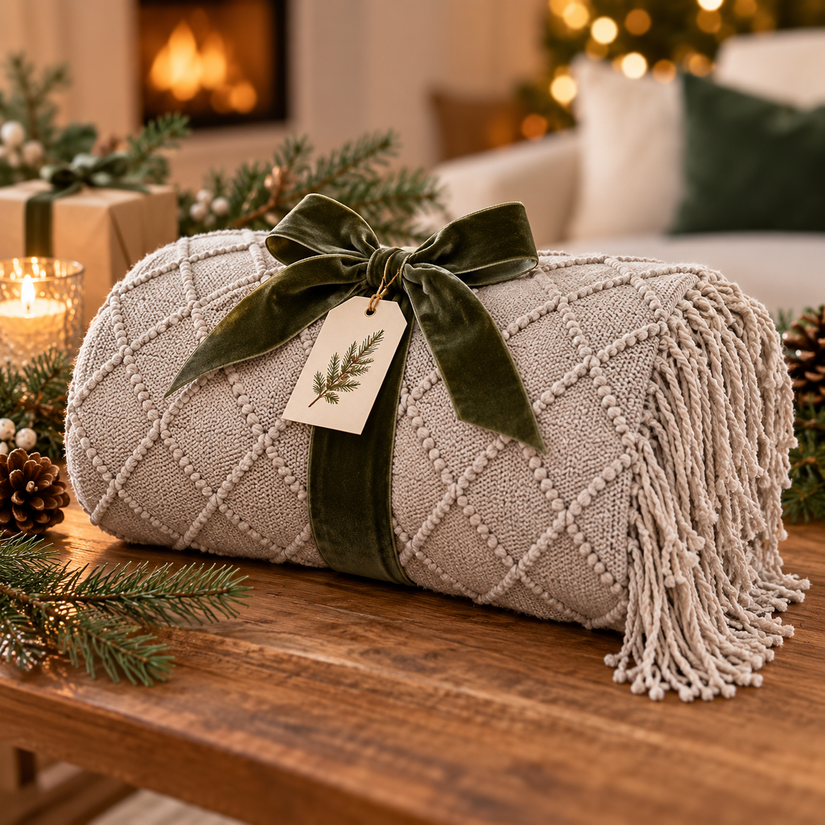 Diamond knit throw blanket with tassels in home decor setting