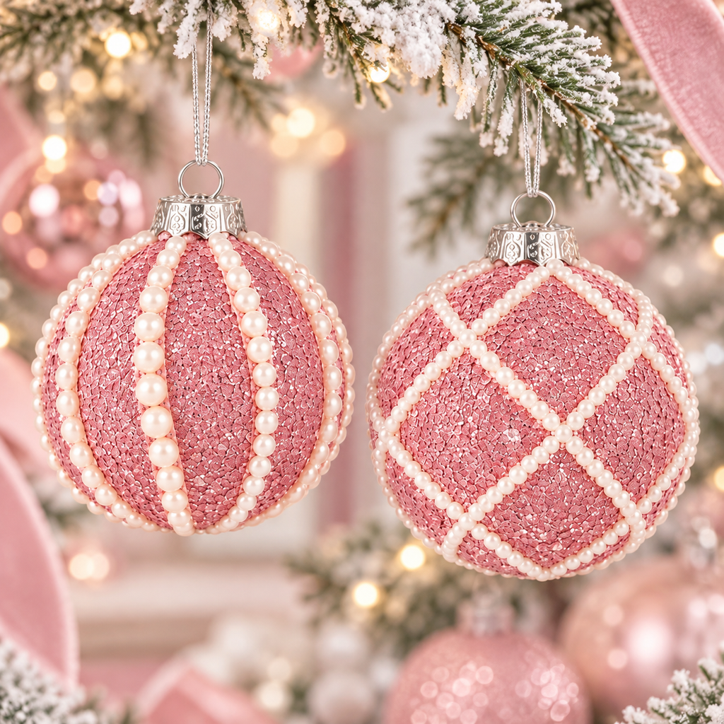 Close-up of pink glitter ornaments in pearl stripe and pearl lattice styles