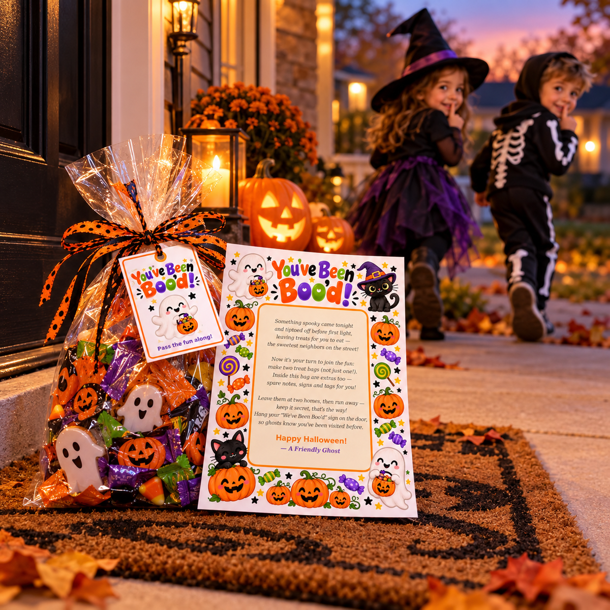 Kids in Halloween costumes running away after leaving a Boo bag with the printable You've Been Boo'd note on a neighbor's porch