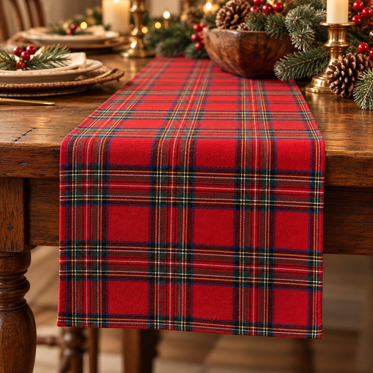 Red tartan plaid table runner draping over the end of a wooden dining table with a pinecone centerpiece