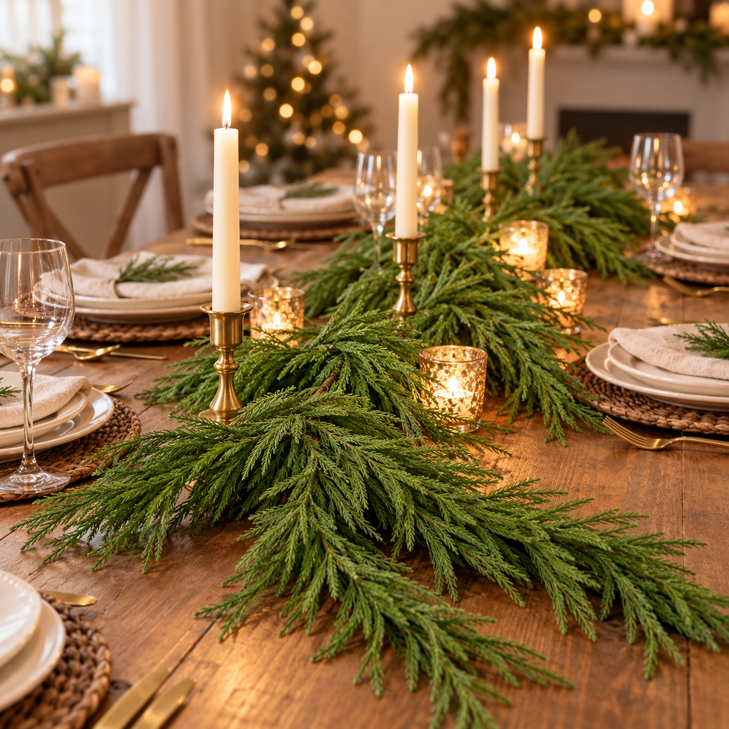 Norfolk pine garland as a Christmas dining table centerpiece with taper candles in brass holders