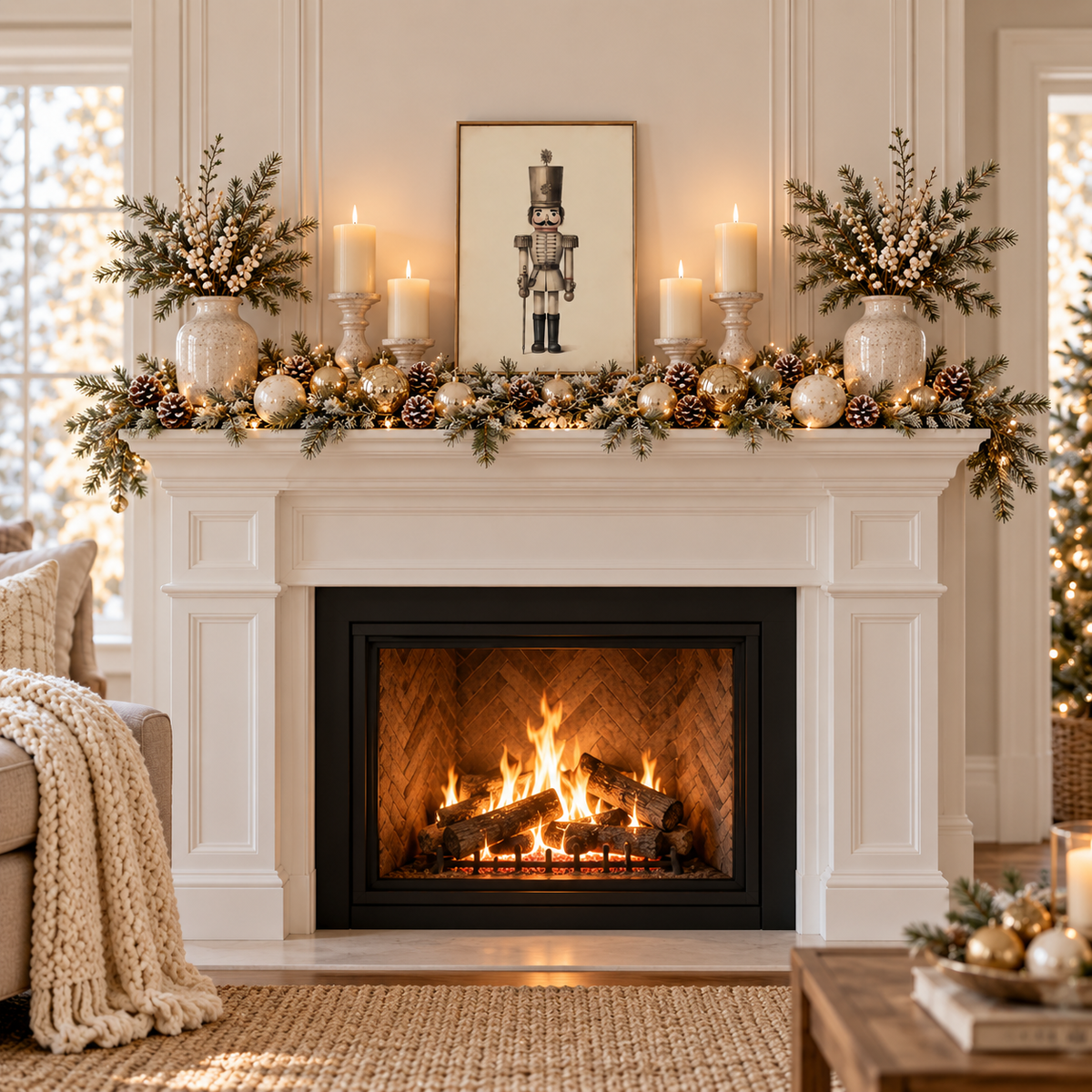 Vintage Neutral nutcracker framed print on a gold and white Christmas mantel
