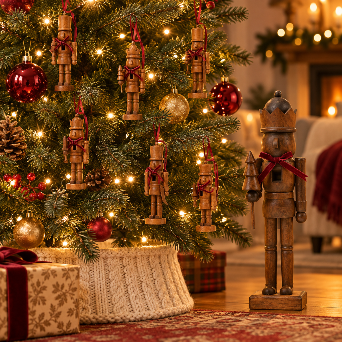 Christmas tree decorated with wooden nutcracker ornaments, cream knit tree collar and wooden nutcracker