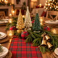 Green, gold and light gold resin tabletop Christmas trees on a red tartan table runner with pine garland, tartan ornaments and gold bells
