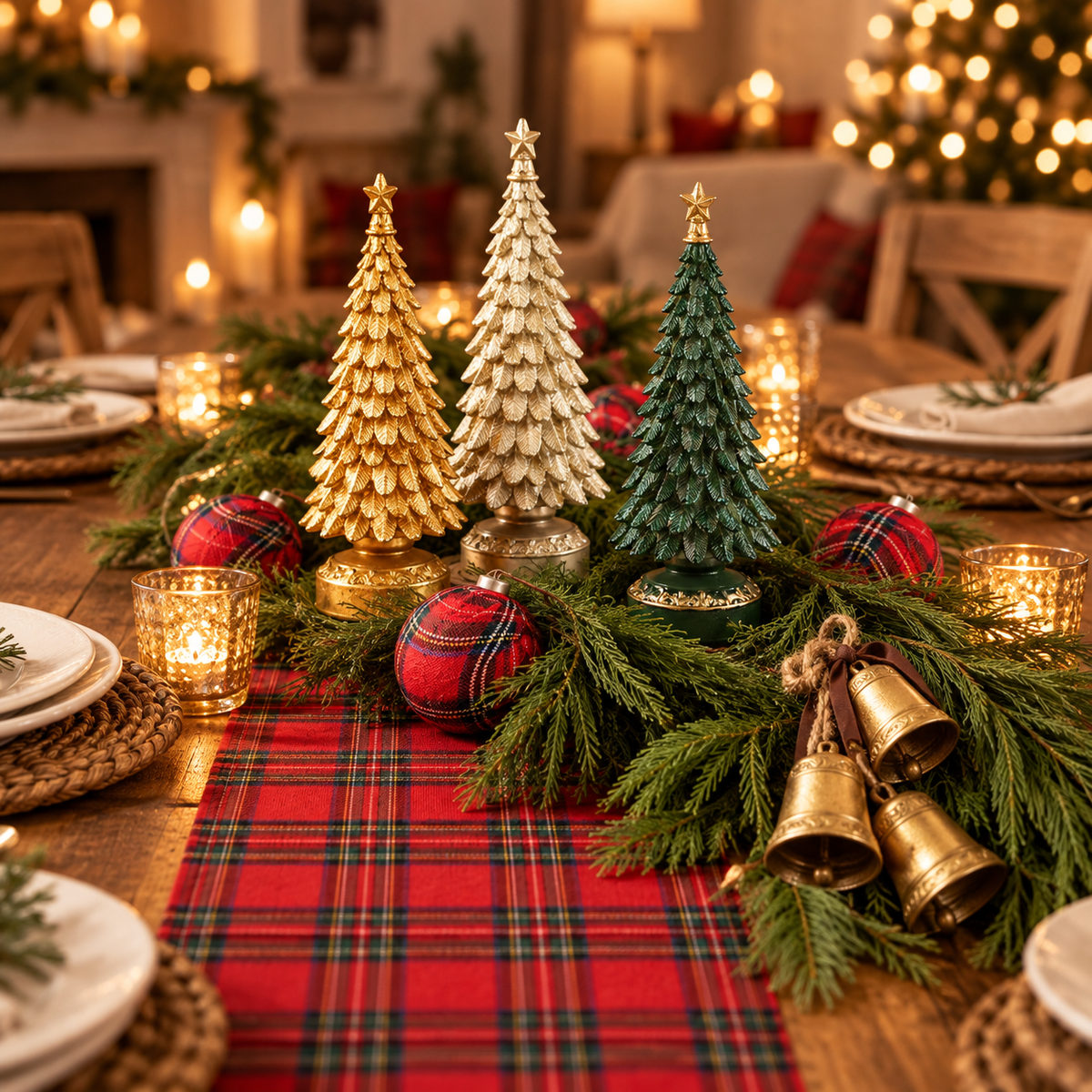 Green, gold and light gold resin tabletop Christmas trees on a red tartan table runner with pine garland, tartan ornaments and gold bells