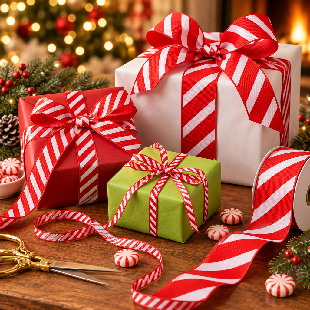 Christmas gifts wrapped with red and white candy stripe ribbon in different widths with scissors and peppermints